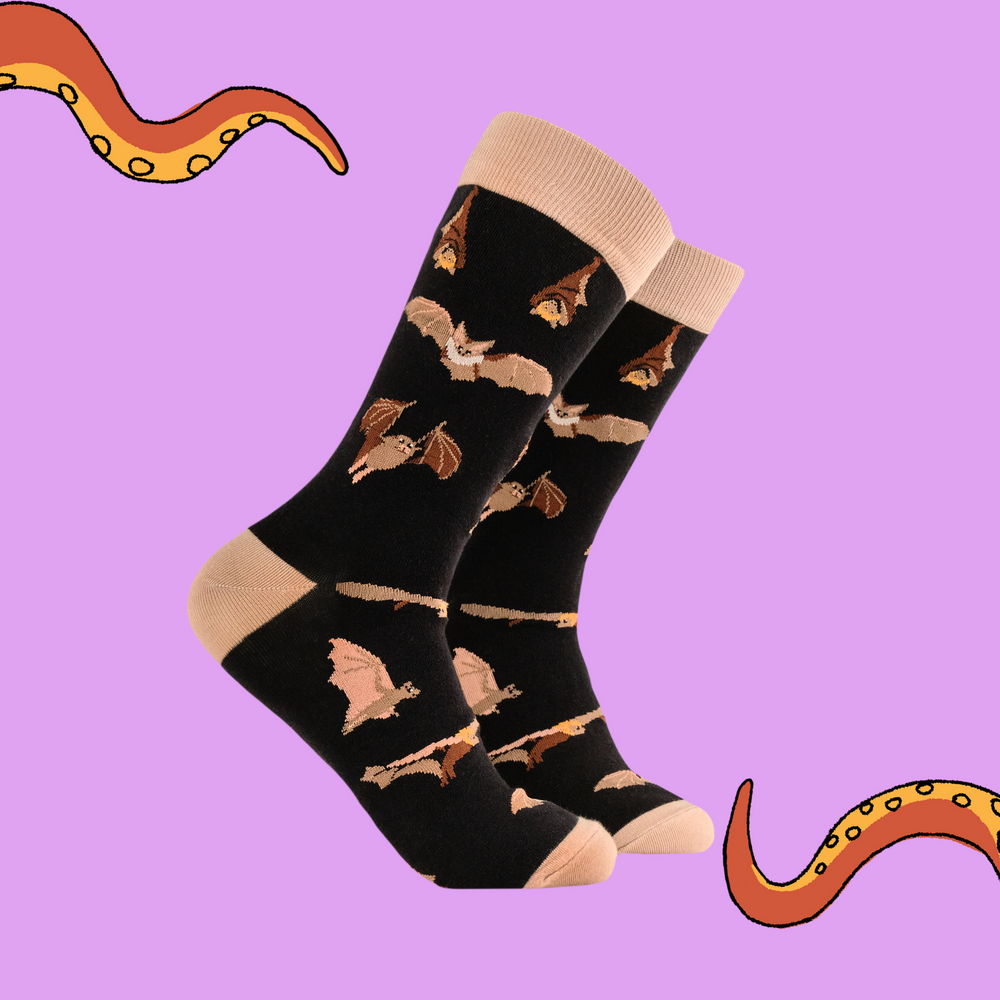 
                      
                        A pair of socks featuring a bat motif. Dark brown legs, light brown heel, toe and cuff. 
                      
                    