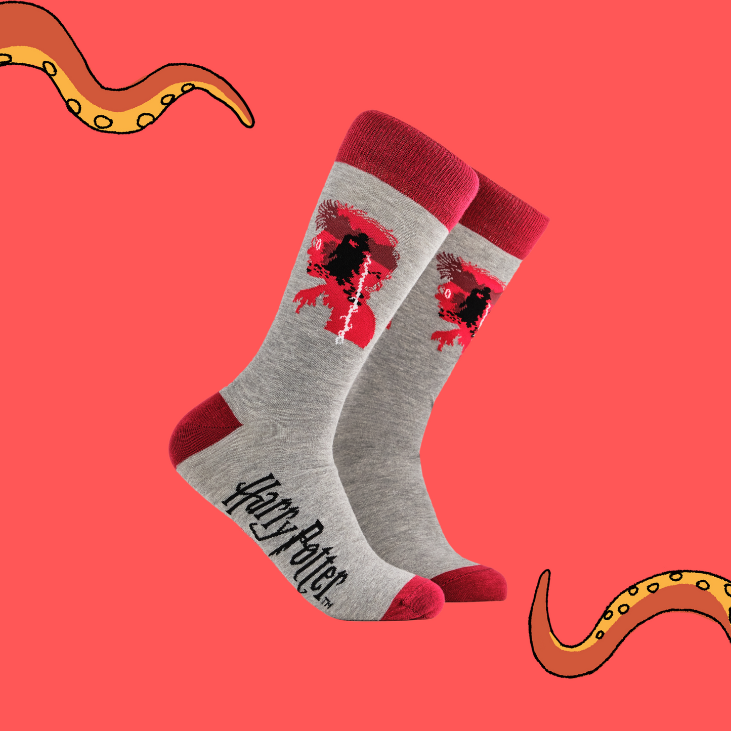A pair of socks depicting Lord Voldemort. Grey legs, red cuff, heel and toe.