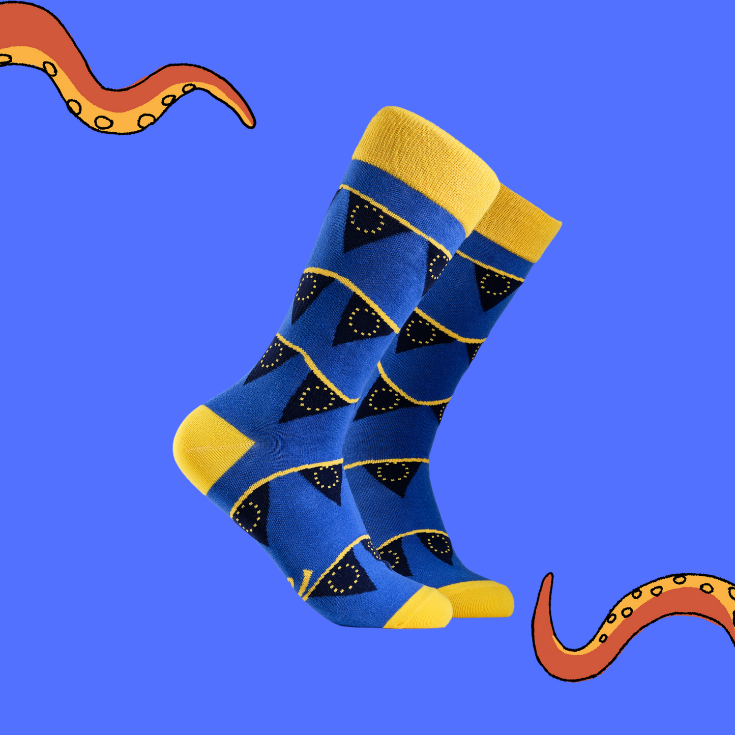 A pair of socks depicting the EU flag on bunting. Blue legs, yellow cuff, heel and toe.