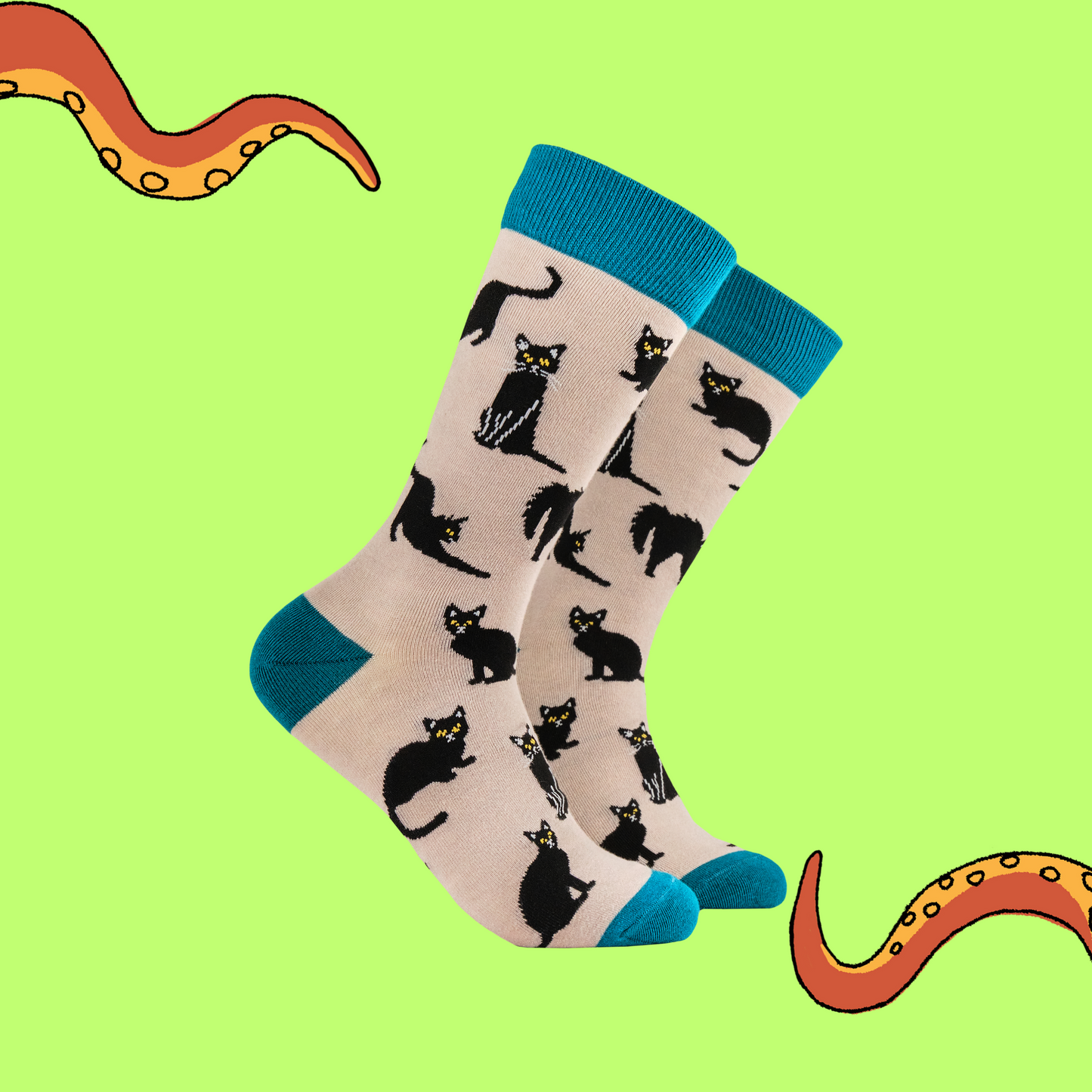 A pair of socks featuring lucky black cats. Beige legs, teal heel toe and cuff. 