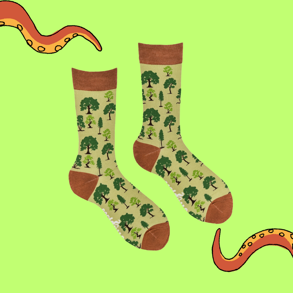 
                  
                    A pair of socks depicting British trees. Yellow legs, orange cuff, heel and toe.
                  
                