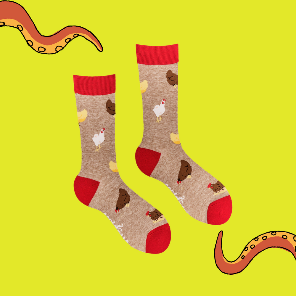 
                      
                        A pair of socks depicting different coloured chickens. Brown legs, red cuff, heel and toe.
                      
                    