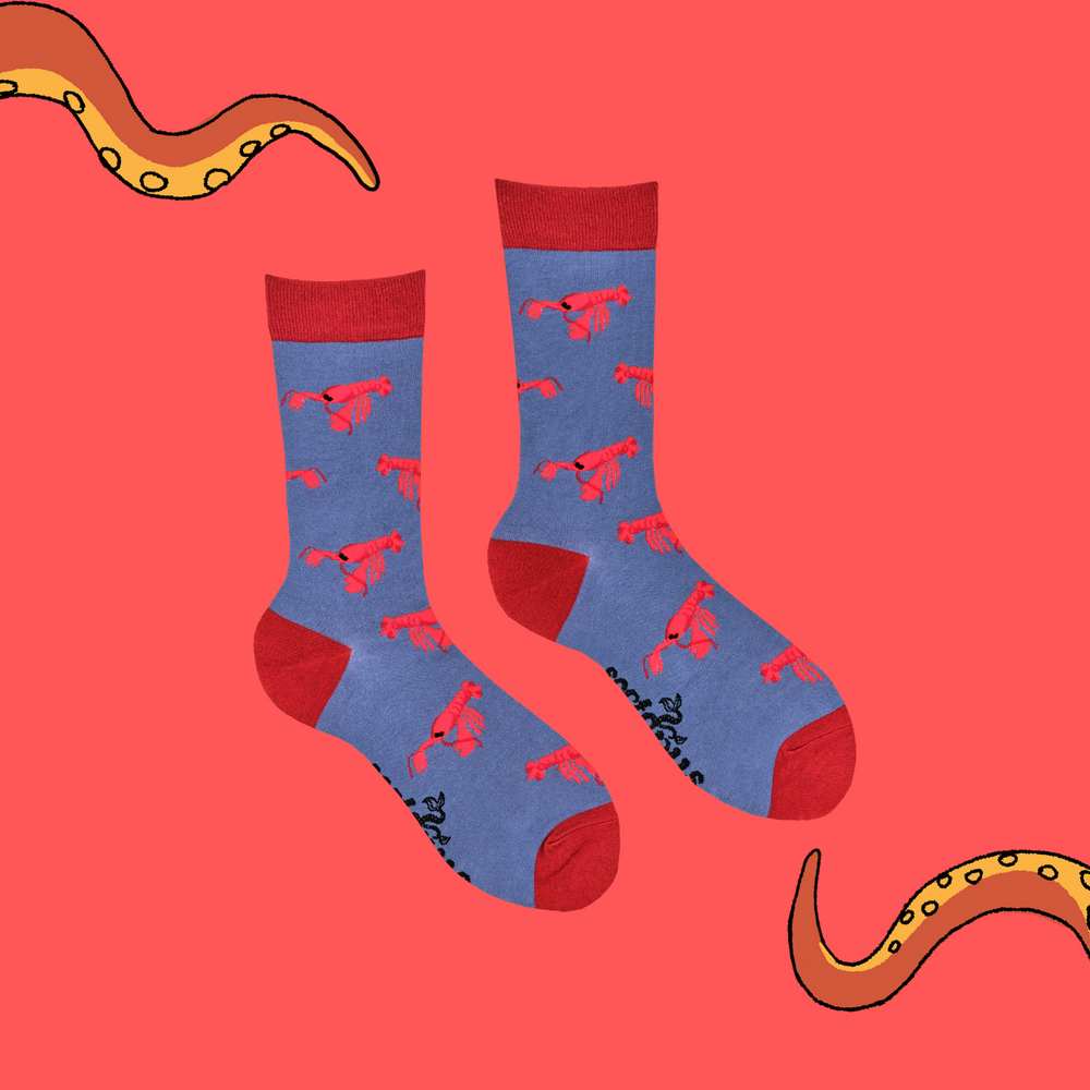 
                      
                        A pair of socks with a lobster motif. Blue legs, red heel, toe and cuff. 
                      
                    