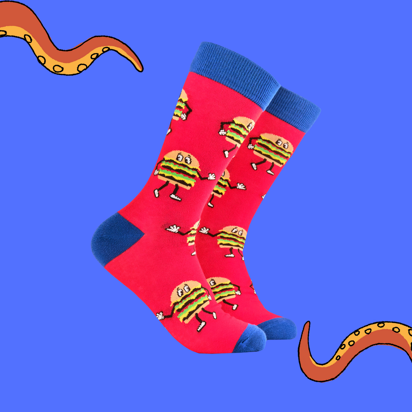 A pair of socks featuring dancing burgers. Red legs, blue eel, toe and cuff. 