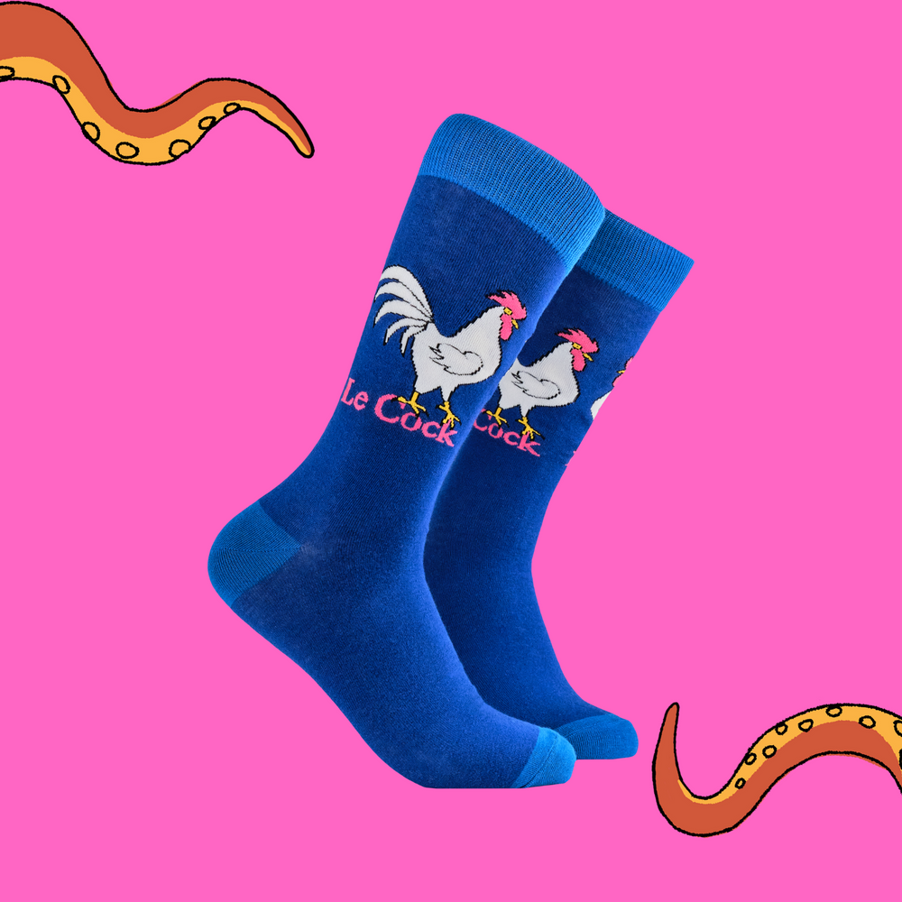 
                      
                        A pair of socks depicting a rooster whos in charge. Blue legs, light blue heel, toe and cuff. 
                      
                    