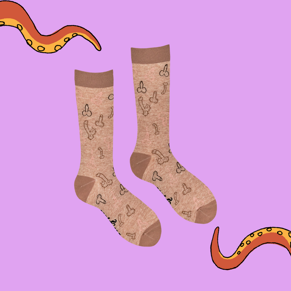 
                      
                        A pair of socks with a willy and balls doodle pattern. Brown legs, brown heel, toe and cuff. 
                      
                    