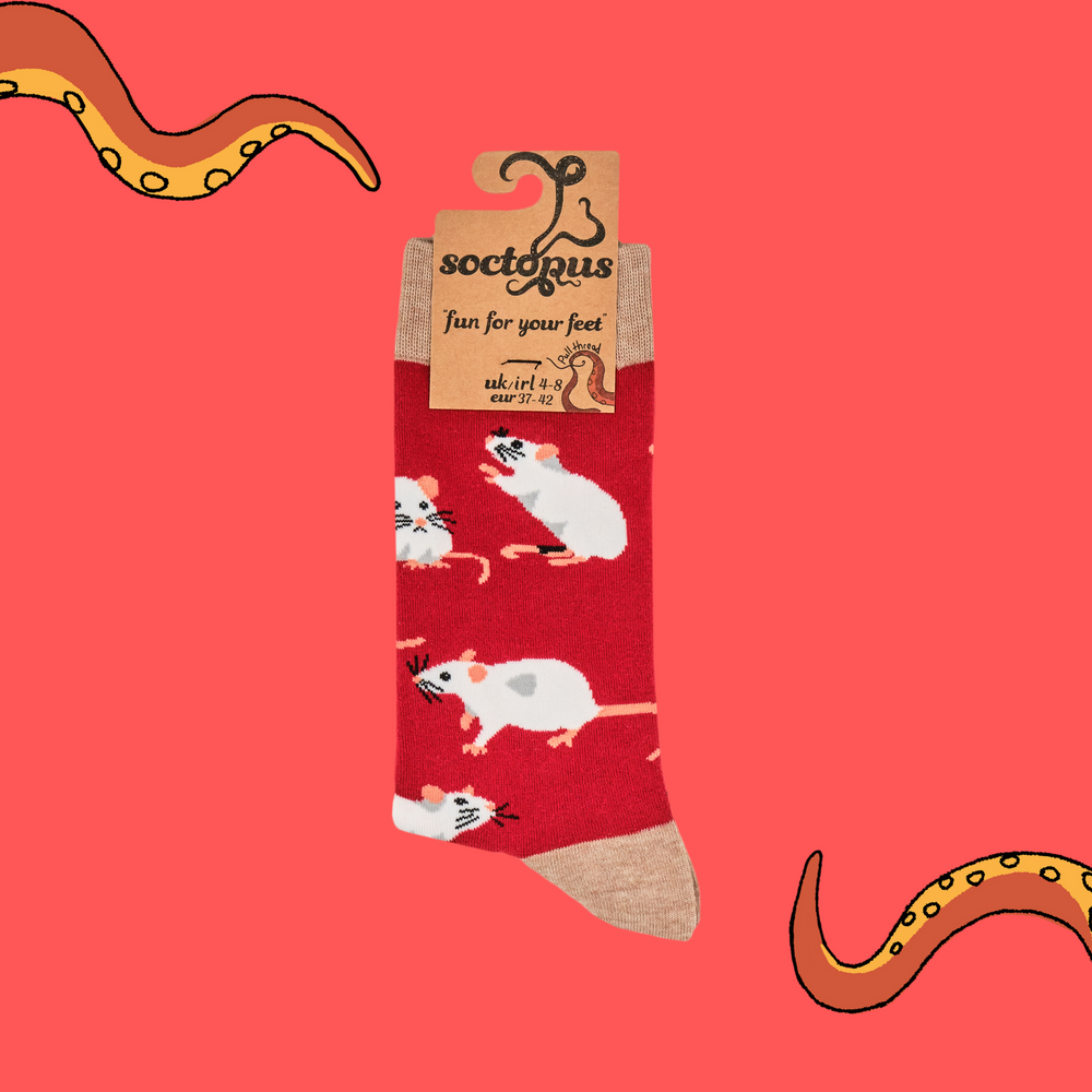 
                      
                        A pair of socks depicting lucky rats. Red legs, brown heel toe and cuff. 
                      
                    