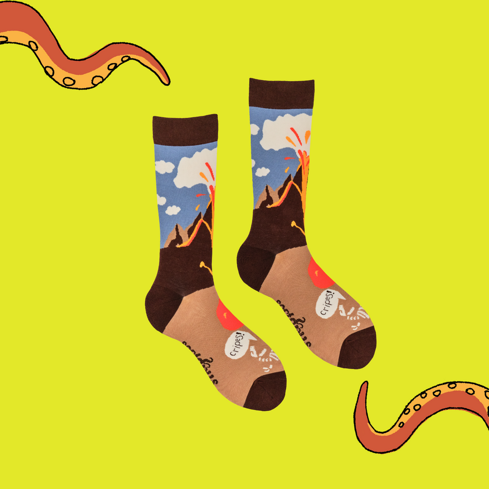 
                      
                        A pair of socks depicting an active volcano. Brown legs, brown heel toe and cuff. 
                      
                    