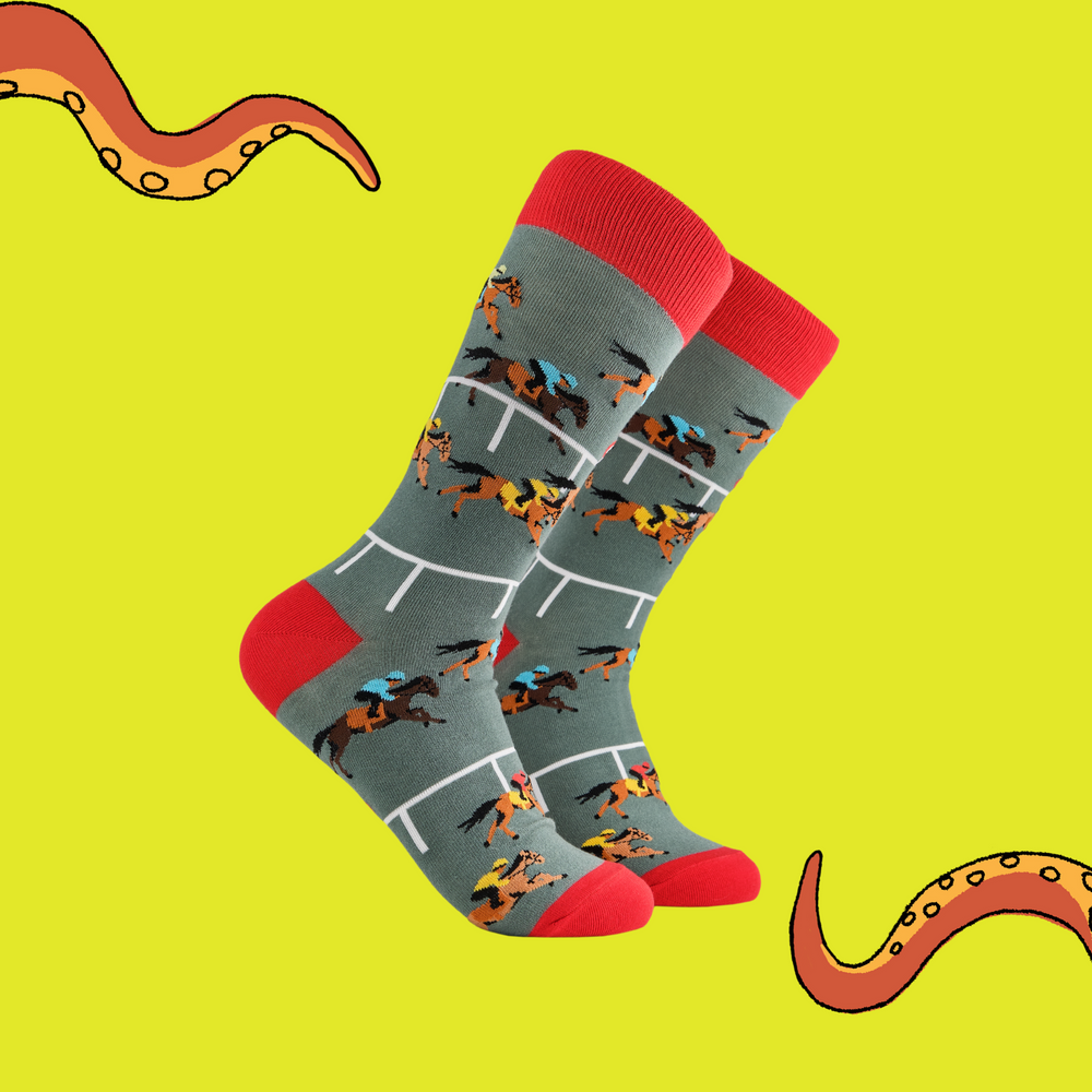 
                  
                    A pair of socks depicting horse racing. Grey legs, red cuff and, heel and toe.
                  
                