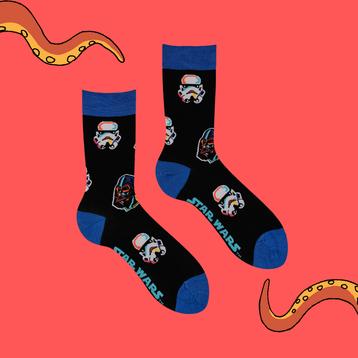 
                  
                    A pair of socks depicting stormtroopers and Darth Vader. Black legs, blue cuff, toe and heel.
                  
                