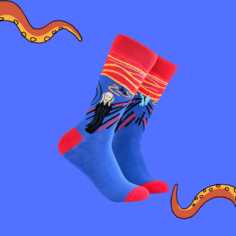 A pair of socks depicting the scream. Blue legs, red cuff, heel and toe.