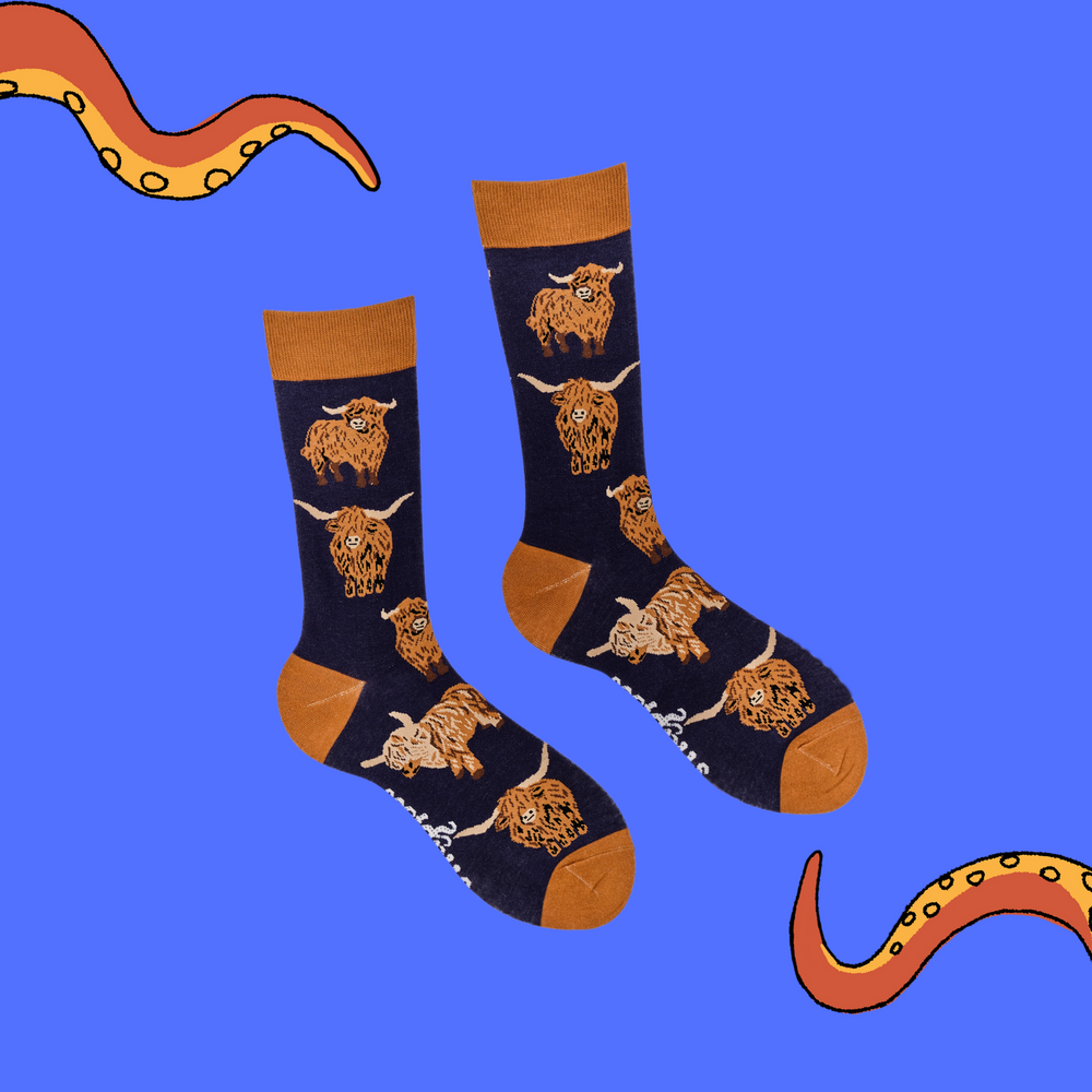 
                      
                        A pair of socks depicting highland cows. Blue legs, brown cuff, heel and toe.
                      
                    