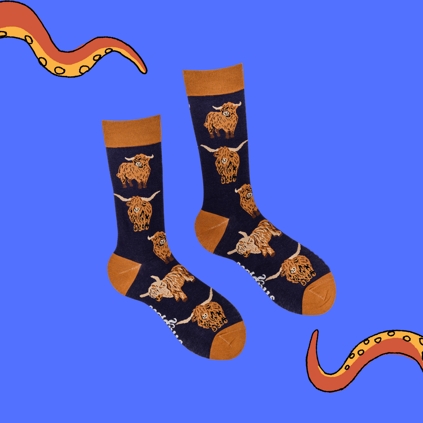 
                  
                    A pair of socks depicting highland cows. Blue legs, brown cuff, heel and toe.
                  
                