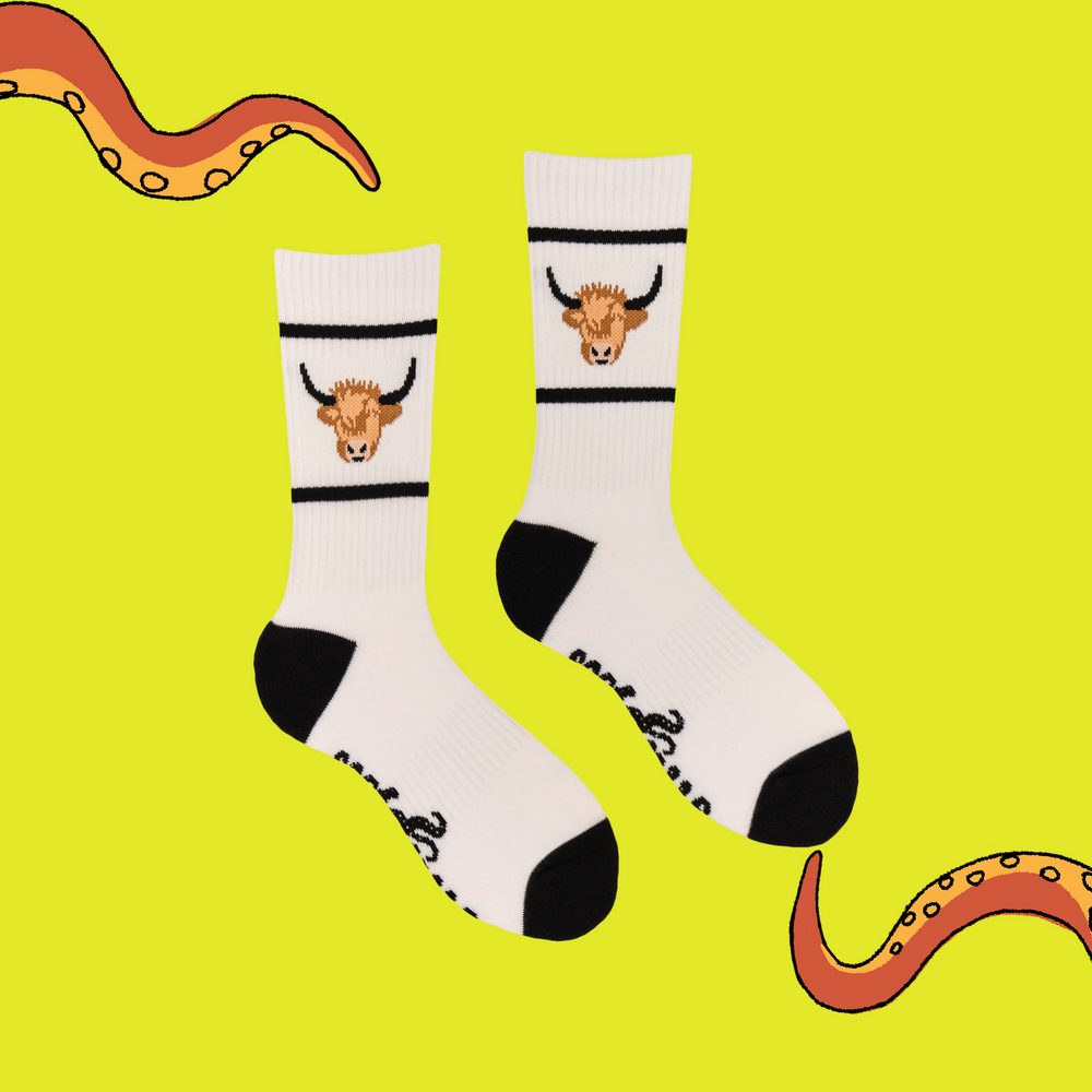 
                      
                        A pair of athletic style socks featuring a highland cow motif. White legs, black eel, toe and cuff. 
                      
                    