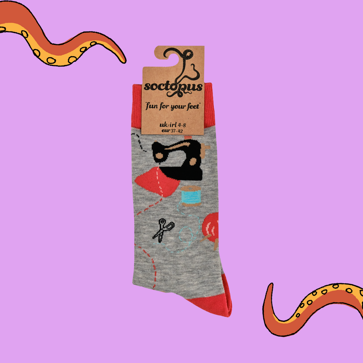 
                  
                    A pair of socks depicting needle and threads, sewing machines, yarn balls and general sewing and crafting equipment. Grey legs, red cuff, heel and toe. In Soctopus Packaging.
                  
                