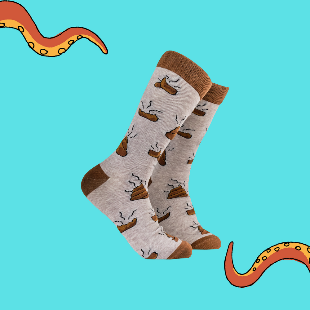 A pair of socks with a poo motif. Grey legs and brown heel, toe and cuff. 