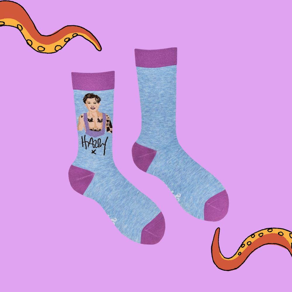 
                      
                        A pair of socks depicting Harry Styles. Blue legs, purple toe, heel and cuff. 
                      
                    