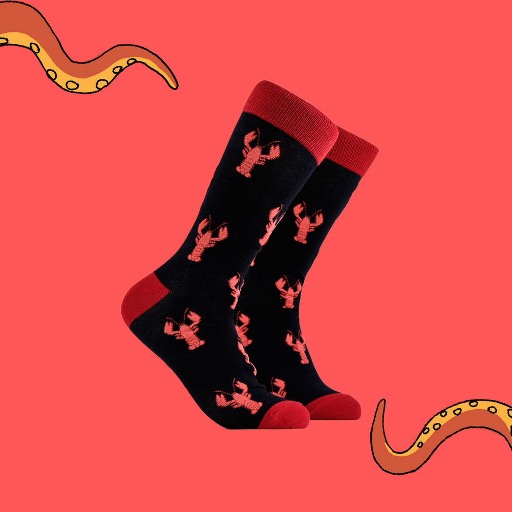 A pair of socks depicting red lobsters. Black legs, red cuff, heel and toe.