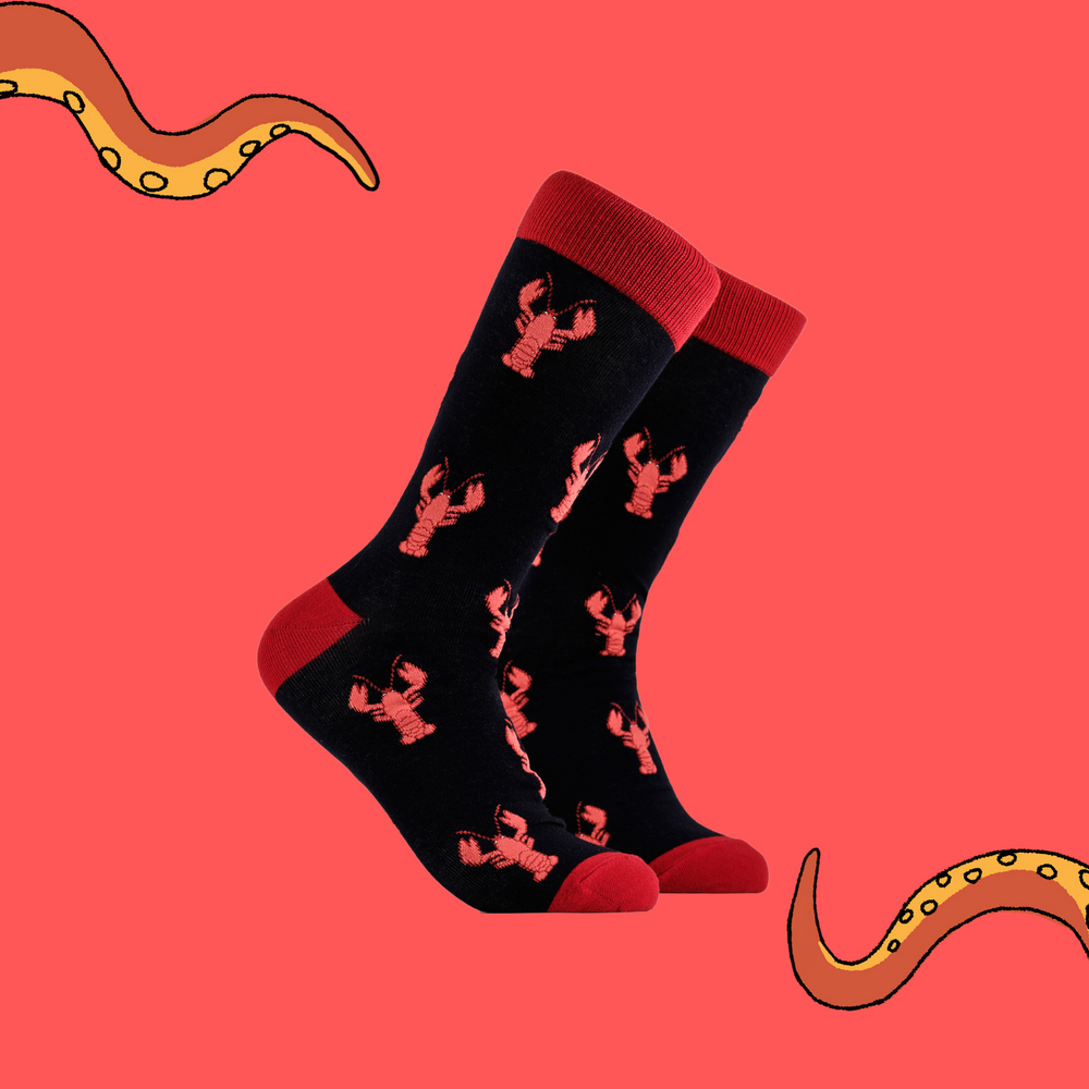 
                  
                    A pair of socks depicting red lobsters. Black legs, red cuff, heel and toe.
                  
                