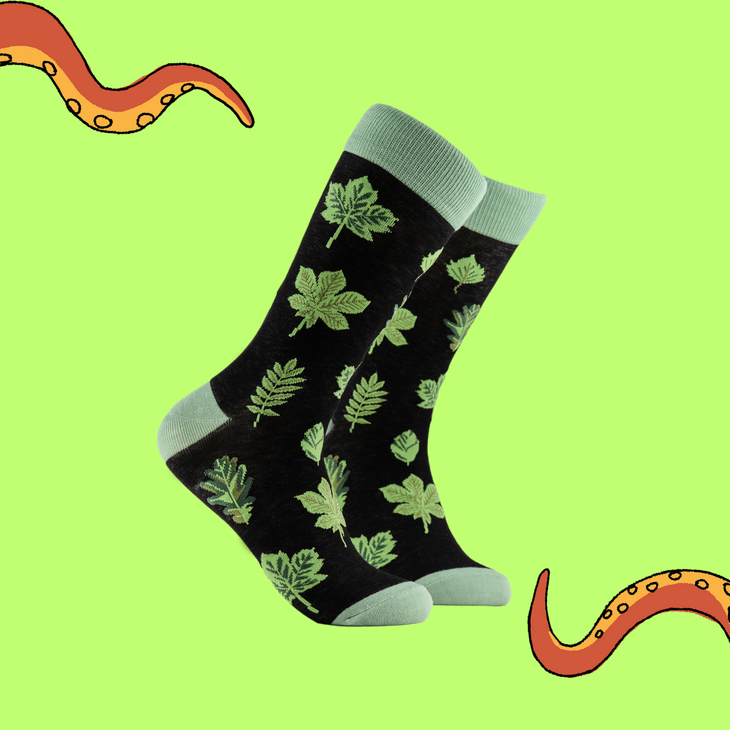 
                  
                    A pair of socks depicting bamboo leaves. Black legs, light green cuff, heel and toe.
                  
                