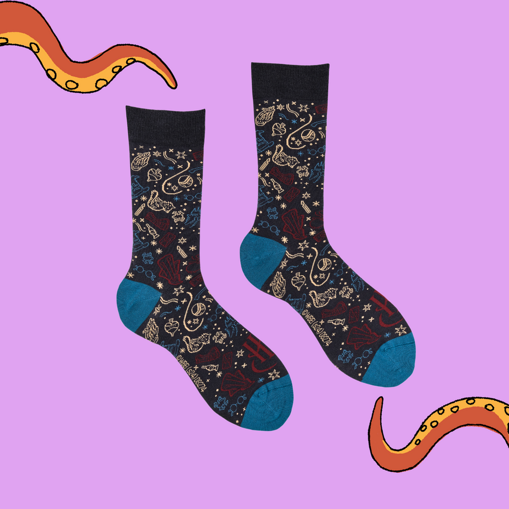 
                  
                    A pair of socks depicting lots of magical elements. Grey legs, blue cuff, heel and toe.
                  
                