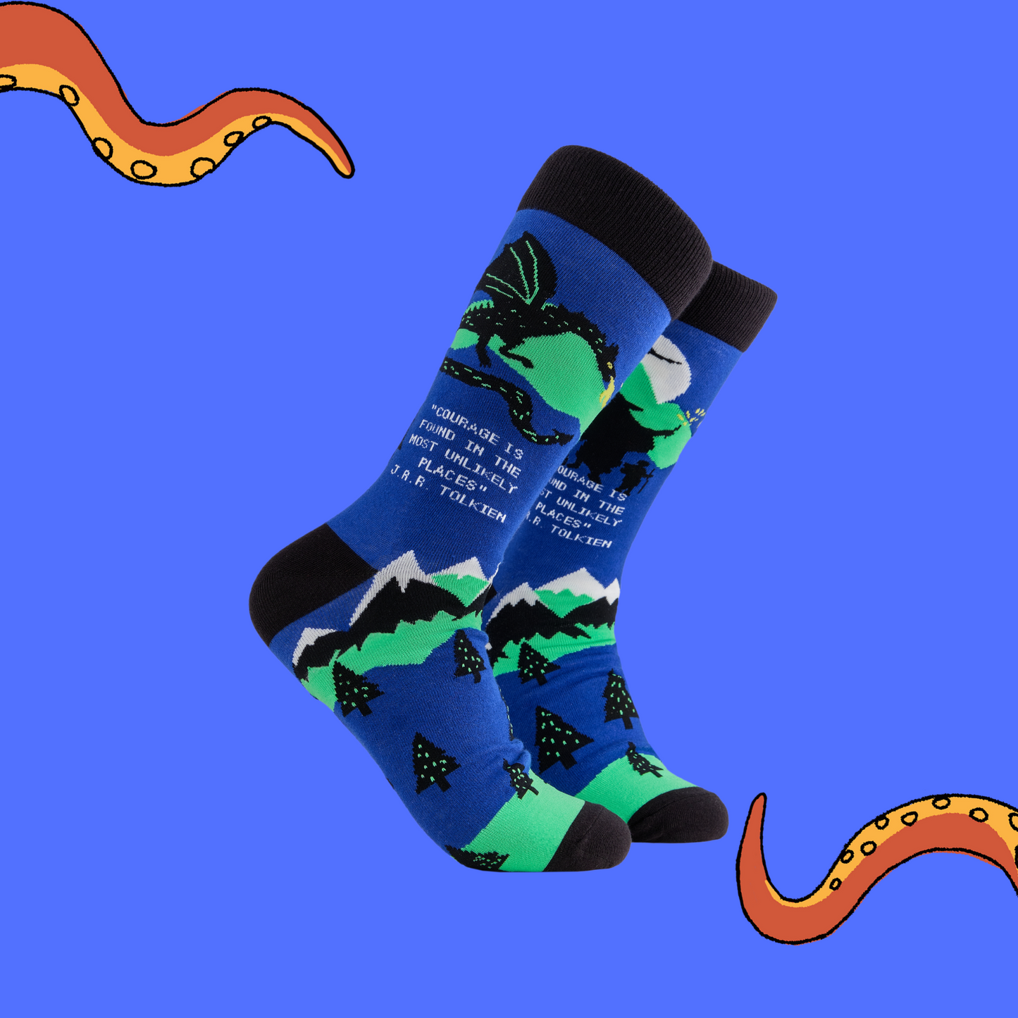 
                  
                    A pair of socks depicting middle earth. Blue legs, black cuff, heel and toe.
                  
                