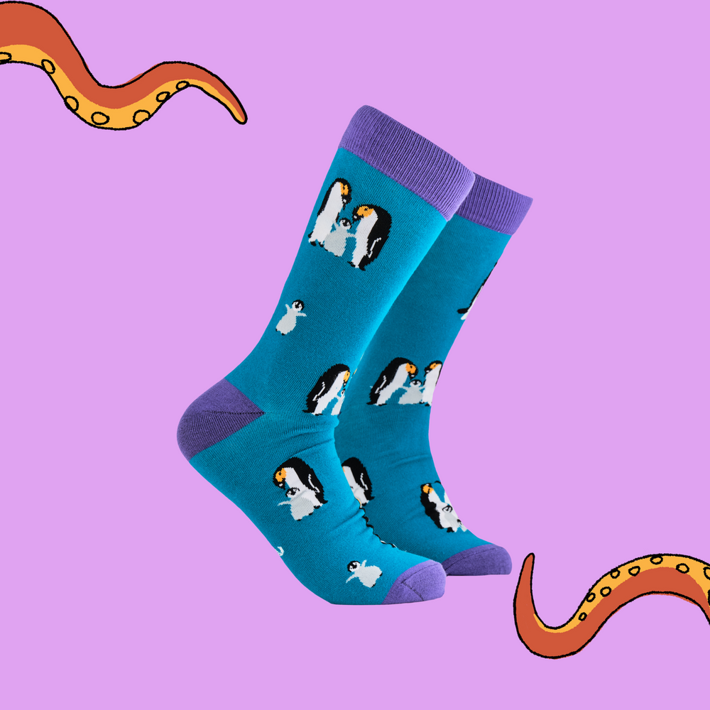 A pair of socks depicting a penguin family. Blue legs, purple cuff, heel and toe.