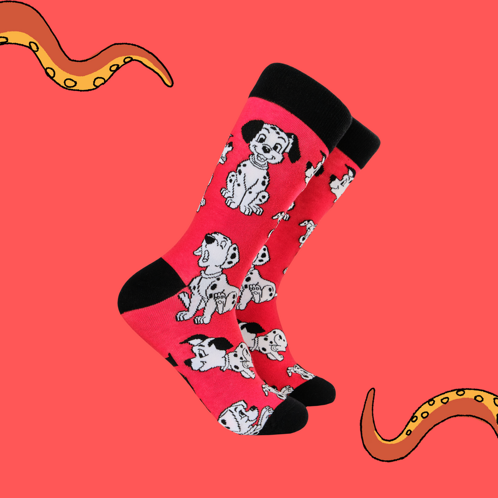 
                      
                        A pair of socks featuring characters from the 1961 disney hit, 101 dalmatians. Red legs, black toe, heel and cuff. 
                      
                    