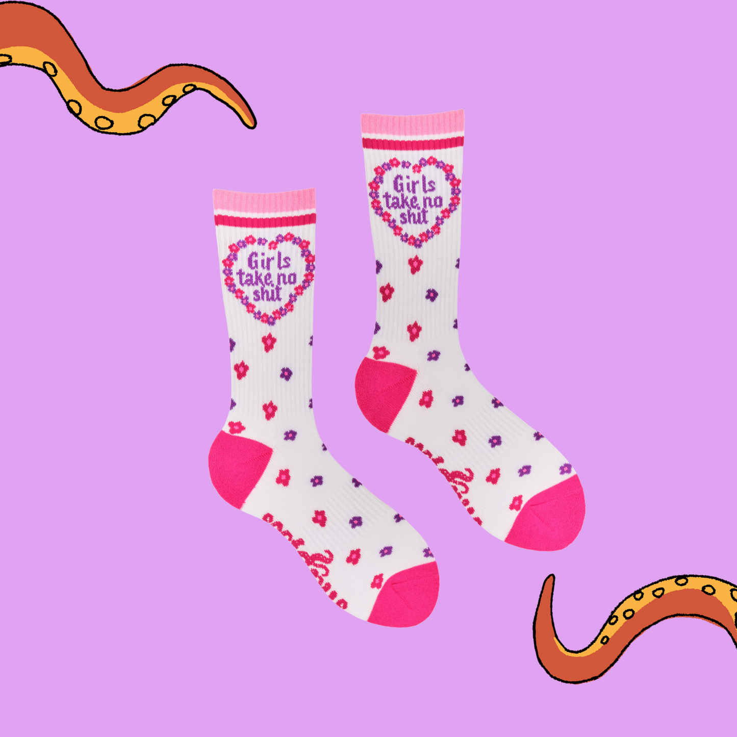 
                  
                    A pair of socks depicting the words "Girls Take No Shit". White legs, pink cuff, heel and toe.
                  
                