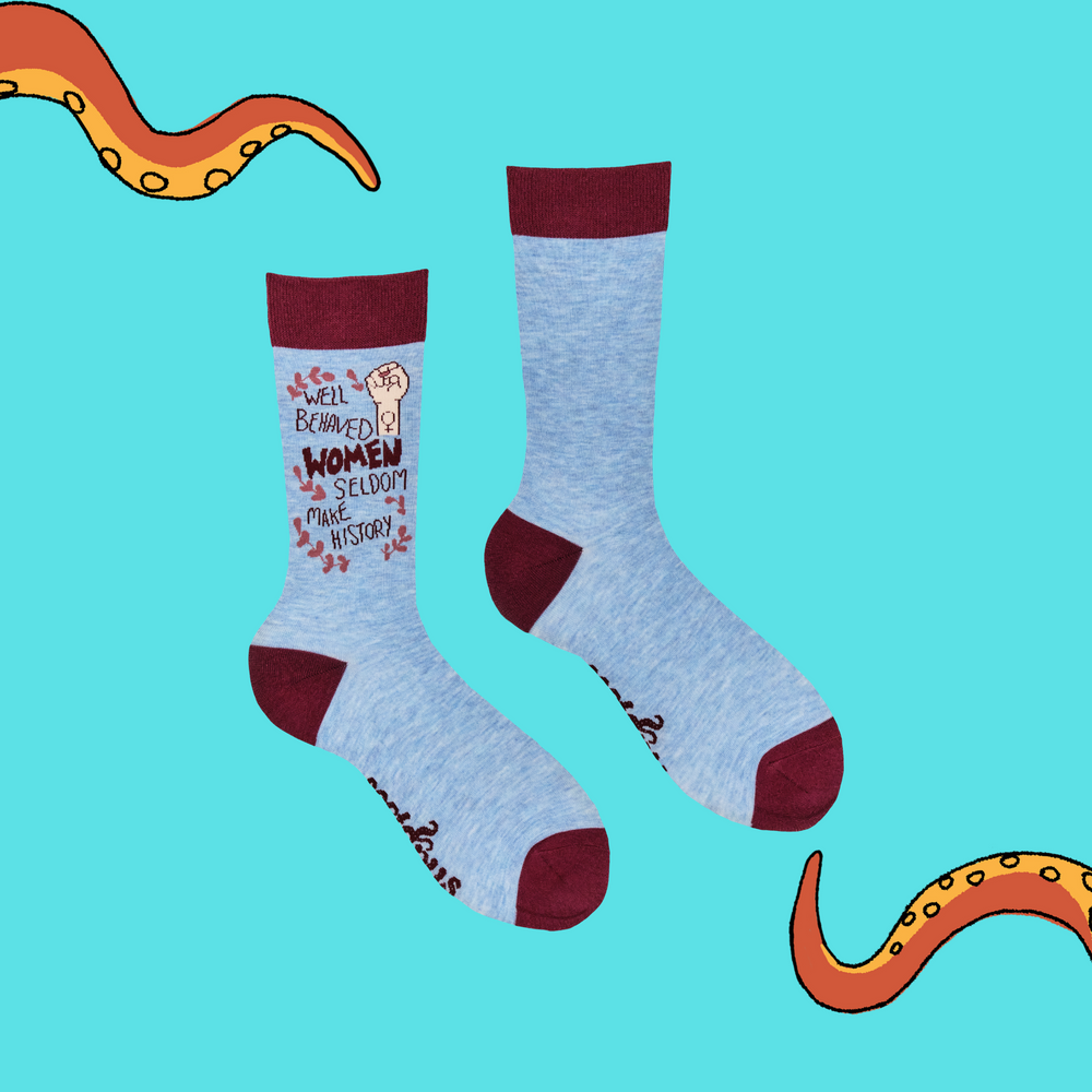 
                      
                        A pair of socks with a feminist slogan. Blue legs, claret heel, toe and cuff. 
                      
                    