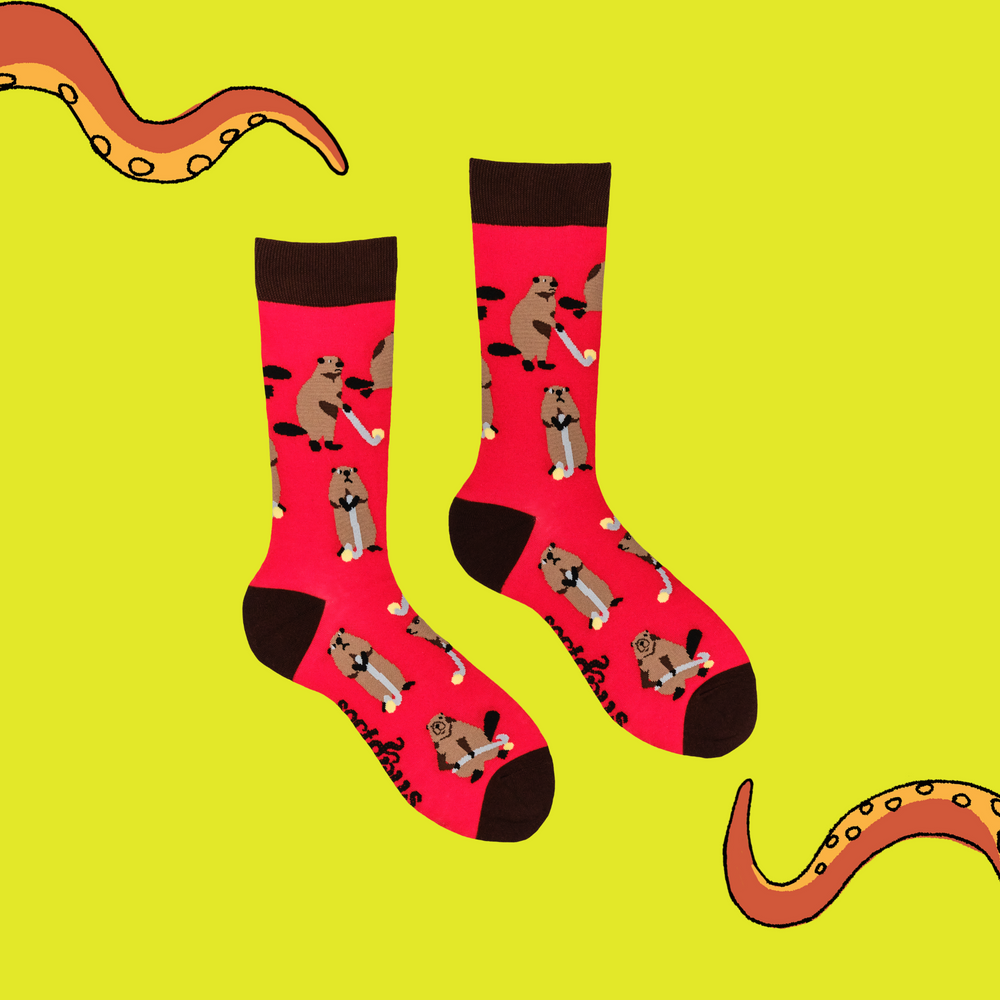 
                      
                        A pair of socks depicting a beaver playing hockey. Red legs, brown heel, toe and cuff. 
                      
                    