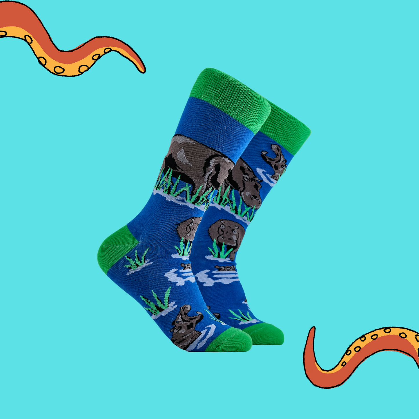 
                  
                    A pair of socks depicting hippos in water. Blue legs, green cuff, heel and toe.
                  
                