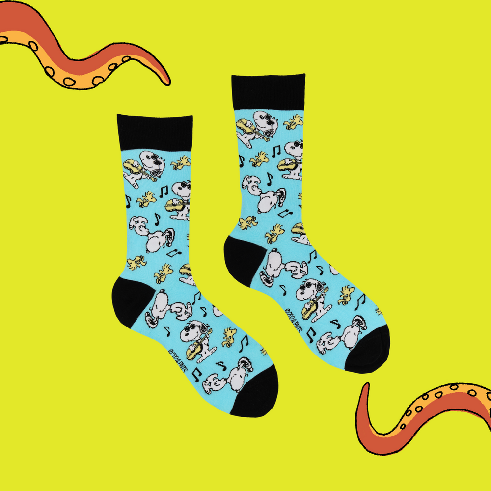 
                  
                    A pair of socks depicting snoopy and woodstock jamming. Turquoise legs, black cuff, heel and toe.
                  
                