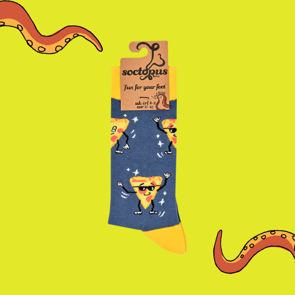 
                      
                        A pair of socks featuring a dancing slice of pizza. Blue legs, yellow heel toe and cuff. 
                      
                    