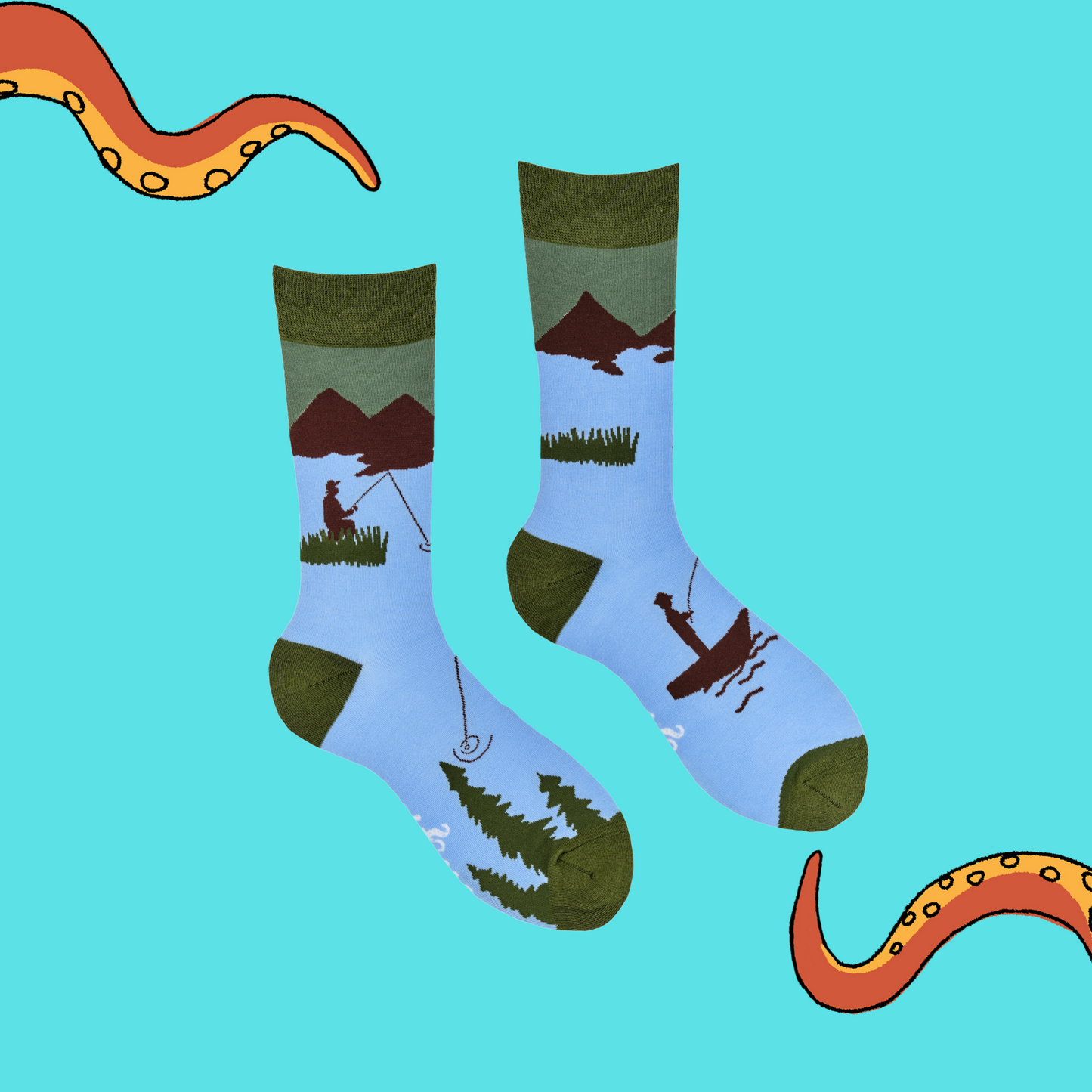 
                  
                    A pair of socks depicting fishermen on the water. Blue legs, green cuff, heel and toe.
                  
                