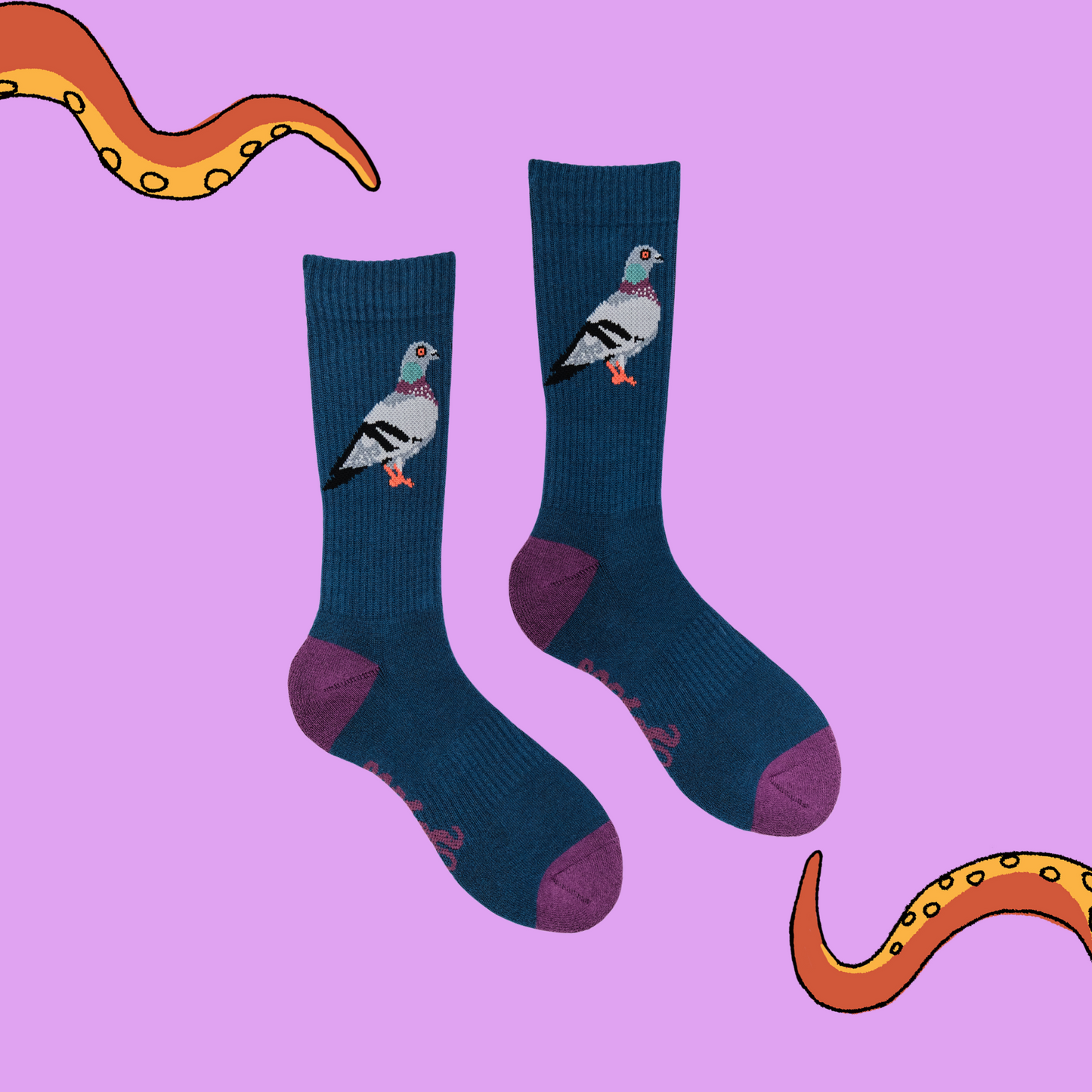 
                  
                    A pair of socks depicting pigeons. Deep blue legs, blue cuff, purple heel and toe.
                  
                