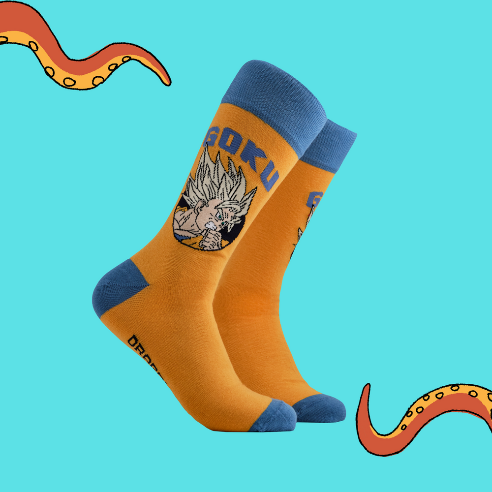 A pair of socks depicting Super Saiyan Goku. Orange legs, light blue heel, toe and Cuff.