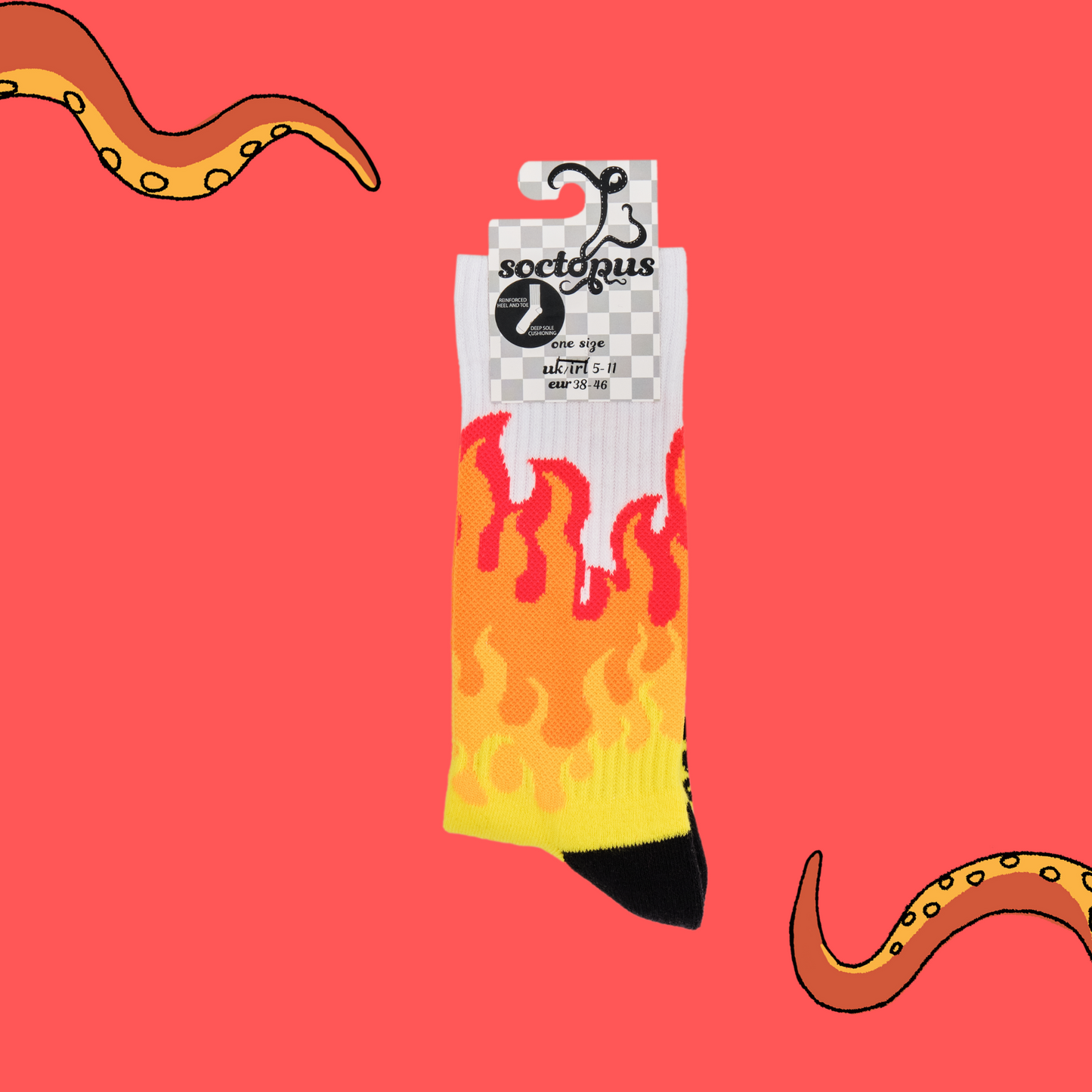 
                  
                    A pair of socks depicting rising flames. Yellow legs, white cuff, black heel and toe. In Soctopus Packaging.
                  
                