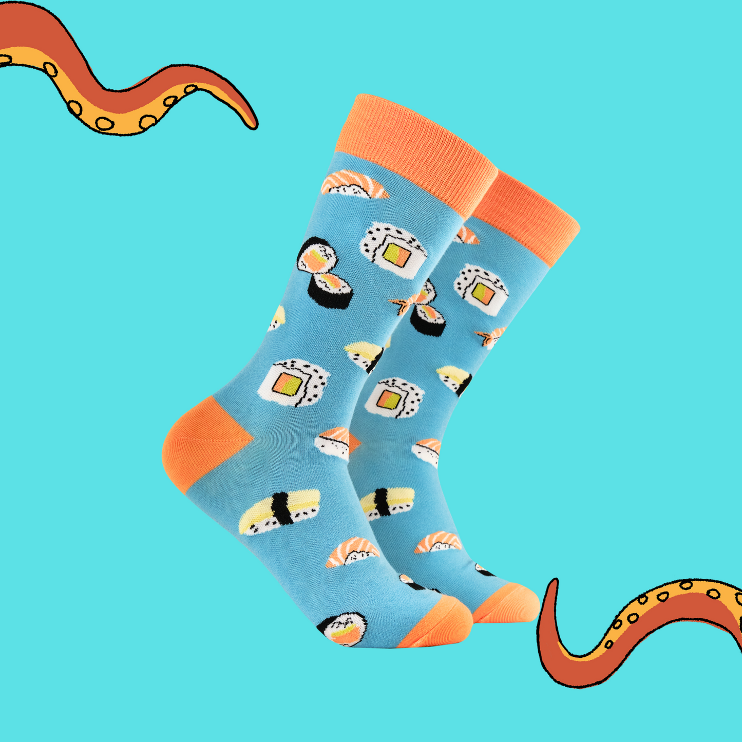 A pair of socks with a sushi motif. Bright blue legs, orange heel, toe and cuff. 