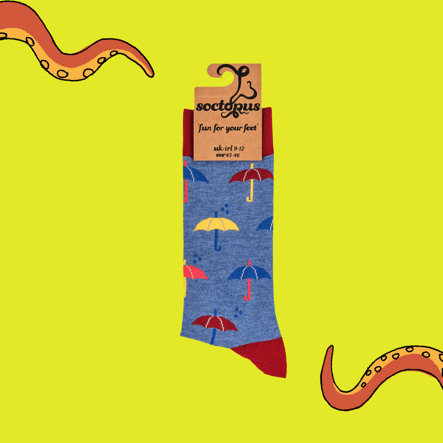 
                  
                    A pair of socks depicting red and blue umbrellas. Blue legs, red cuff, heel and toe. In Soctopus Packaging.
                  
                