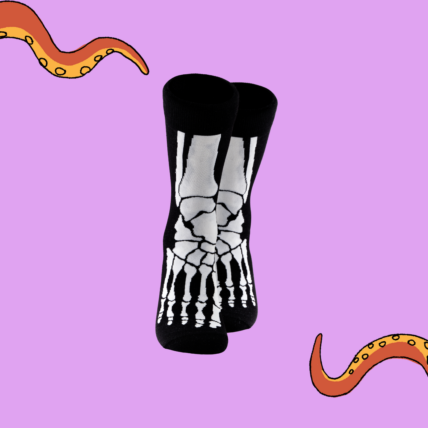 
                  
                    A pair of socks depicting skeleton feet. Black and White legs, black cuff, heel and toe.
                  
                