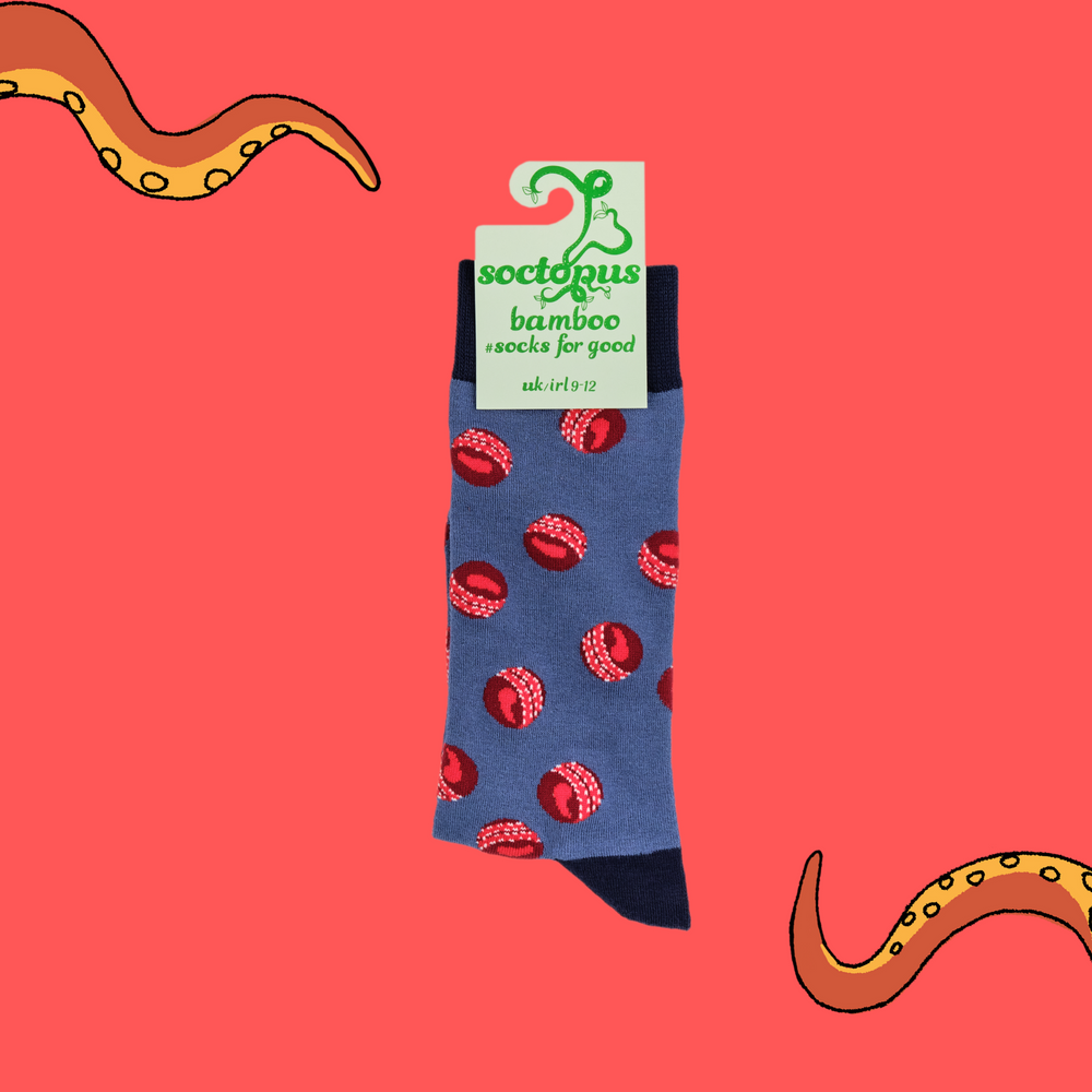 
                  
                    A pair of socks with a cricket ball pattern. Blue legs, dark blue cuff, heel and toe. In Soctopus Packaging.
                  
                