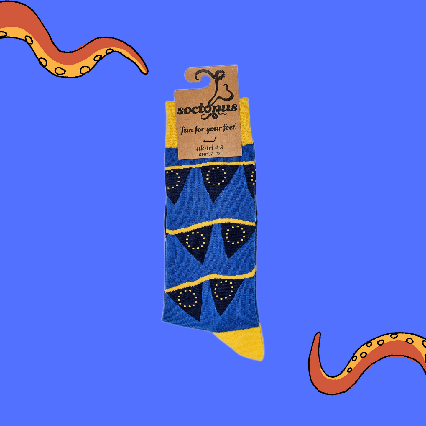 
                  
                    A pair of socks depicting the EU flag on bunting. Blue legs, yellow cuff, heel and toe. In Soctopus Packaging.
                  
                