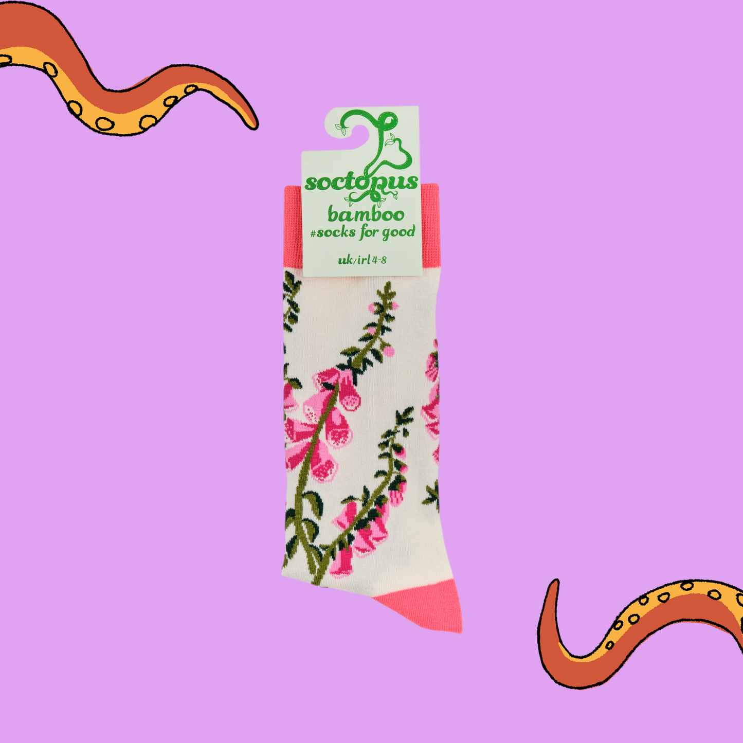 
                  
                    A pair of socks depicting fox gloves. Cream legs, pink cuff, heel and toe. In Soctopus Packaging.
                  
                