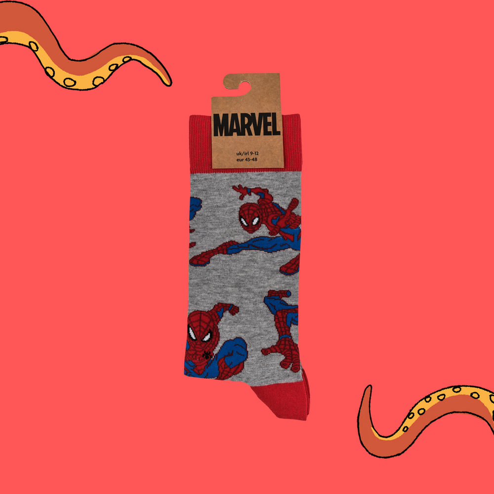 
                      
                        A pair of socks depicting the lovable hero Spider-Man. Grey legs, red toe, cuff and heel.
                      
                    