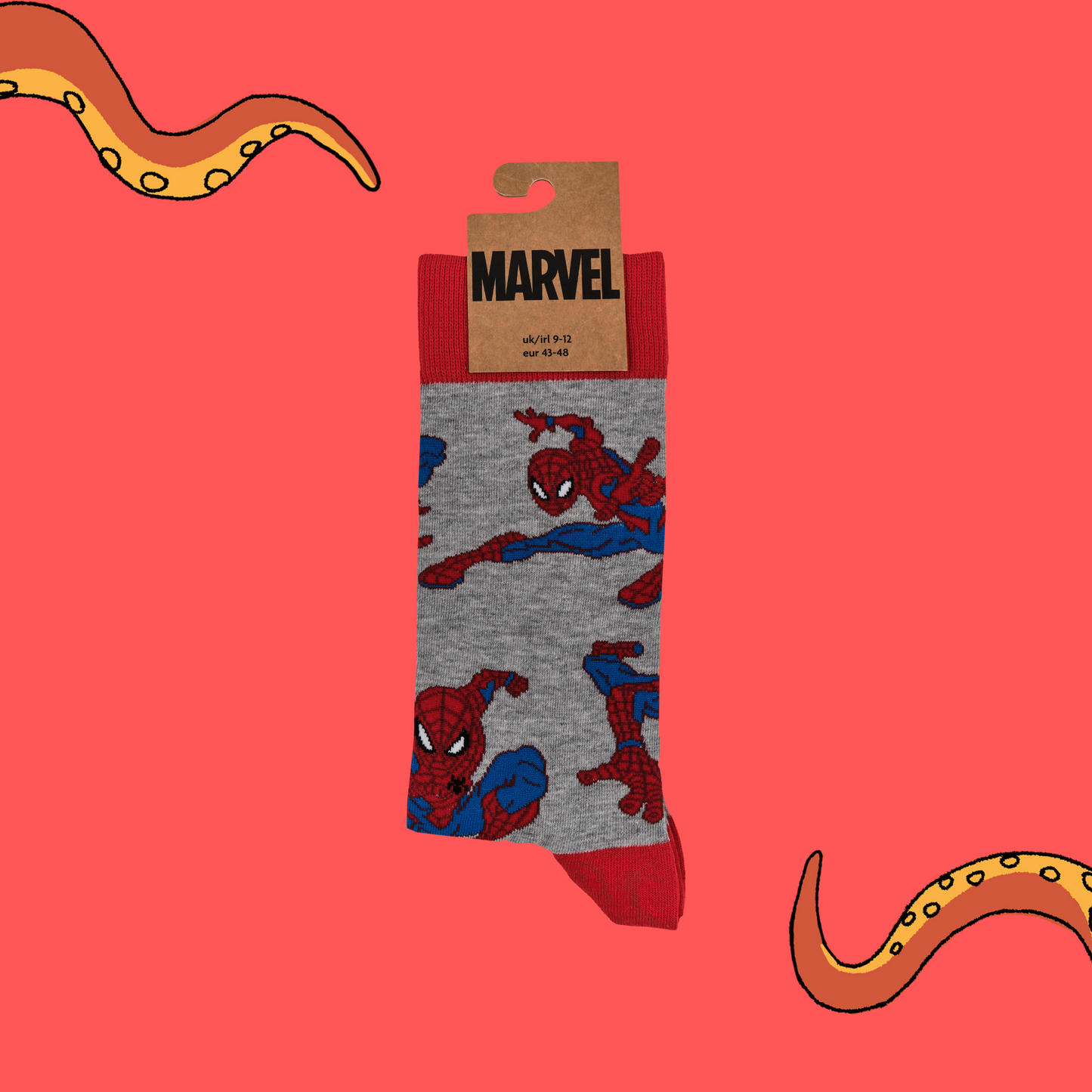 
                  
                    A pair of socks depicting the lovable hero Spider-Man. Grey legs, red toe, cuff and heel.
                  
                