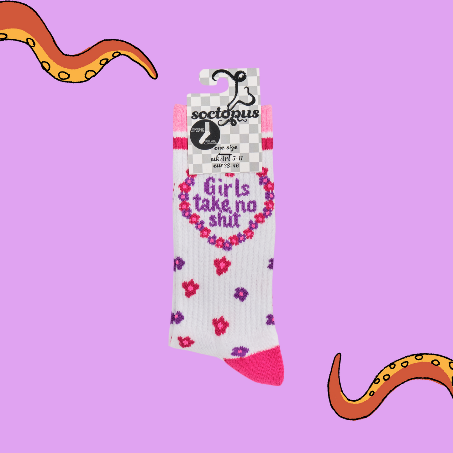 
                  
                    A pair of socks depicting the words "Girls Take No Shit". White legs, pink cuff, heel and toe. In Soctopus Packaging.
                  
                