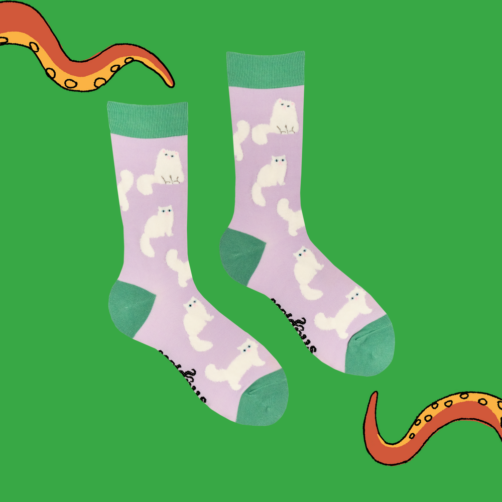 
                      
                        A pair of socks featuring fluffy white cats. Light pink legs, green heel, toe and cuff. 
                      
                    