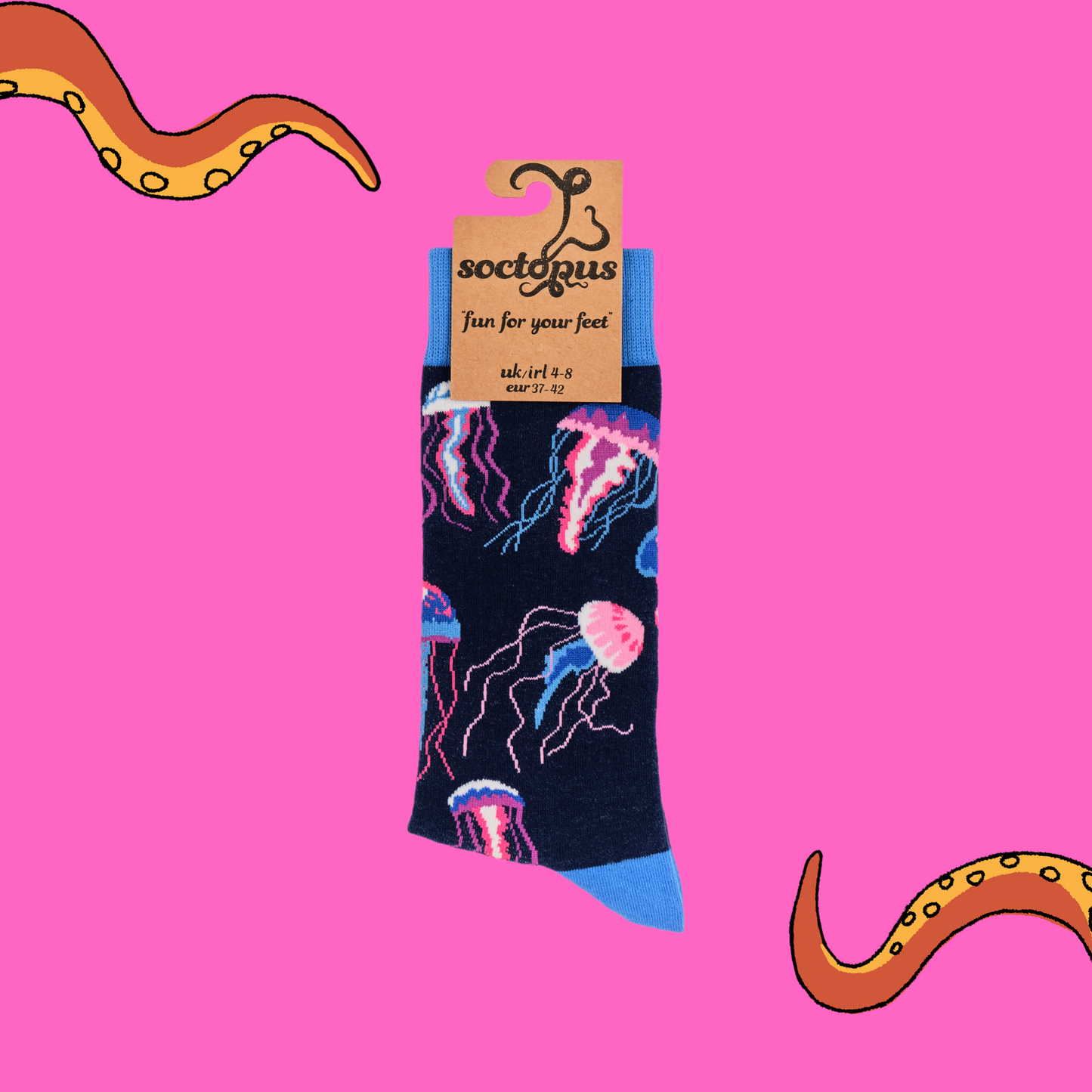 
                  
                    A pair of socks depicting jellyfish. Dark blue legs, light blue cuff, heel and toe. In Soctopus Packaging.
                  
                