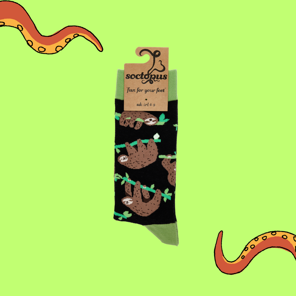 
                      
                        A pair of socks depicting lazy sloths. Black legs, green cuff, heel and toe. In Soctopus Packaging.
                      
                    